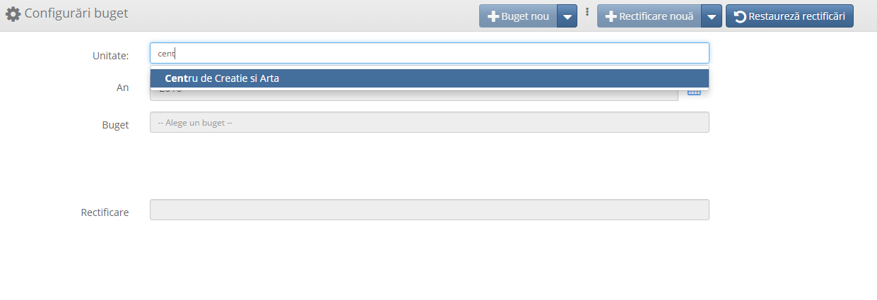 Căutarea unității în configurări buget