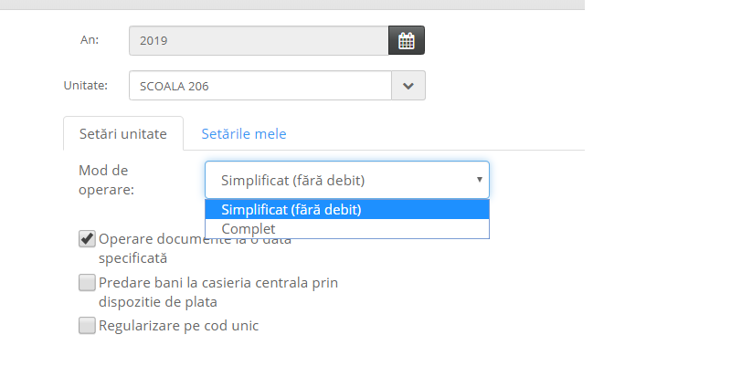 Setările de unitate, cu modul de operare simplificat